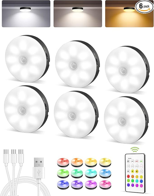 EZVALO Under Cabinet Lighting,1000mAh Rechargeable Puck Lights with Remote,3 Color Temps & 12 RGB Motion Sensor Closet Lights Indoor, Dimmable Under Counter Lights for Kitchen, Shelf Black (6 Packs)
