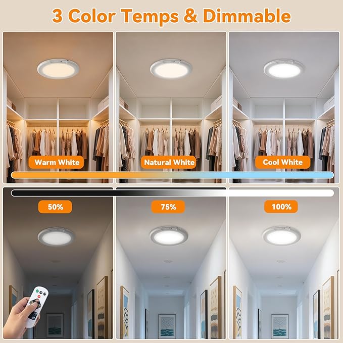 Rechargeable Ceiling Light 2Pack, 3 Color Motion Sensor Lights with Remote, Wireless Closet Light Battery Operated, Magnetic Dimmable LED Lights for Shower Pantry Shed Hallway Porch Garage Stairs