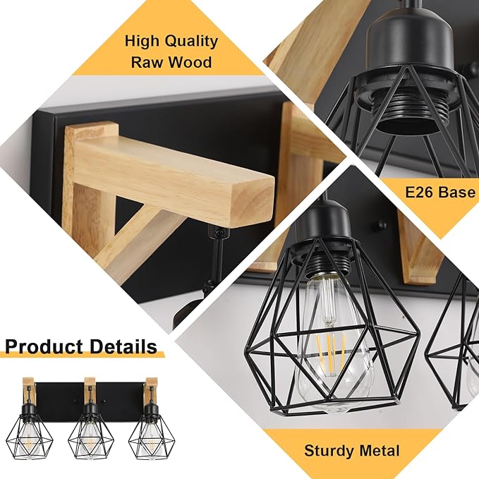 3-Light Farmhouse Bathroom Vanity Light Fixtures, Wood Bathroom Light Over Mirror, Rustic Sconces Wall Lighting with Elegant Metal Lampshade for Living Room, Bedroom, Hallway