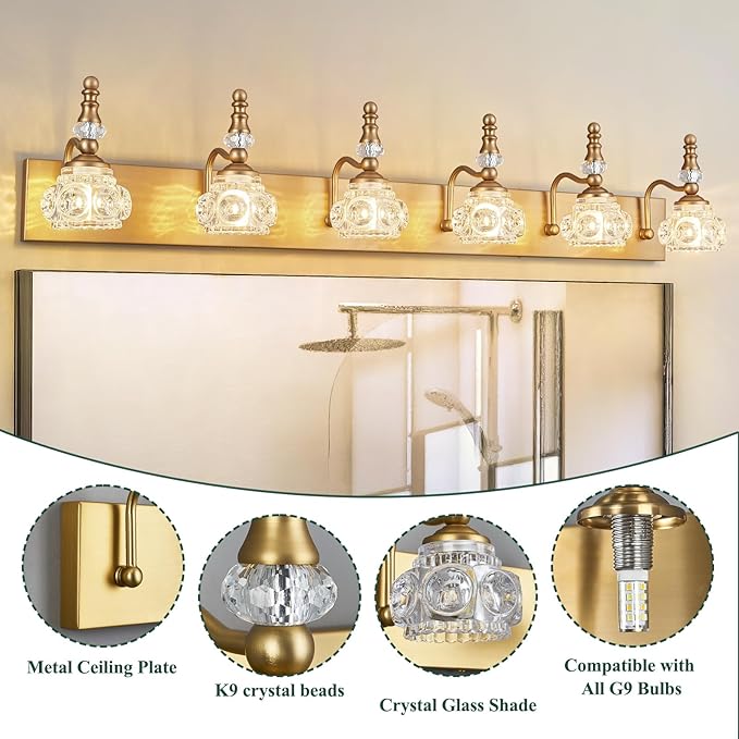 Modern Glass Crystal Vanity Light - Vintage Bathroom Lighting Fixtures Over Mirror, 6 Light Vanity Lights G9 Bulb (43.3 Inch,Brass)