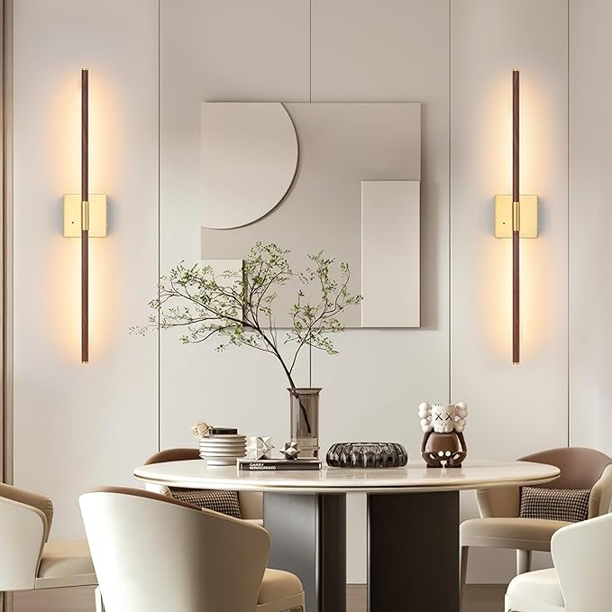 36 Inch Battery Operated Wall Sconces Set of 2, Dimmable Battery Wall Sconce with Remote Control, Walnut Gold LED Rechargeable Sconces, Modern Wireless Wall Lights for Bedroom, Living Room