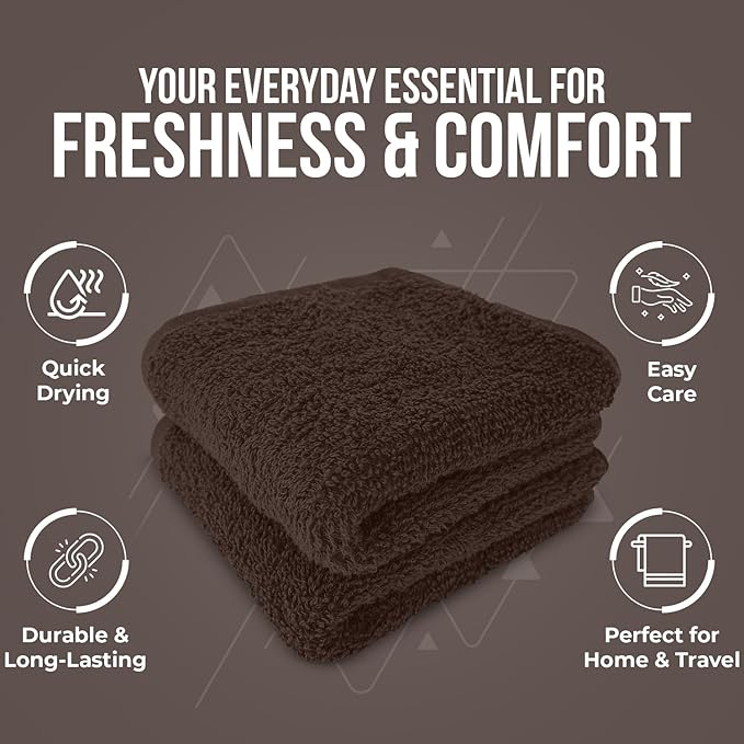 DAN RIVER 24 Pack Wash Cloths for Showering [12x12] - 100% Cotton Washcloths Premium Quality Flannel Face Cloths for Bathroom, Highly Absorbent and Soft Feel Wash Clothes, Brown