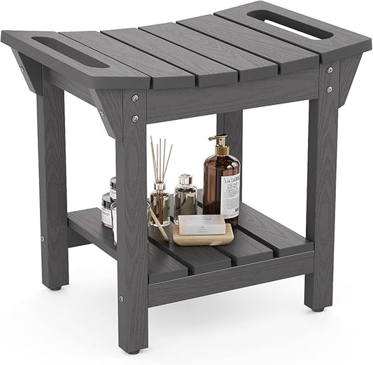 Waterproof Shower Bench, Poly Lumber Shower Stool for Shaving Legs, Shower Chair Seat with Storage Shelf and Handles, Bathroom Bench for Inside Shower, Non-Slip (Grey)