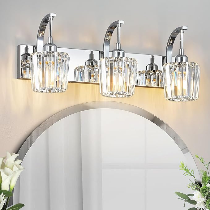 Modern Bathroom Vanity Light, 3-Light Chrome Wall Sconce with Crystal Accents, Over Mirror Bathroom Lighting Fixture, 23.62" Long Dimmable Vanity Lamp for Makeup, Easy Installation
