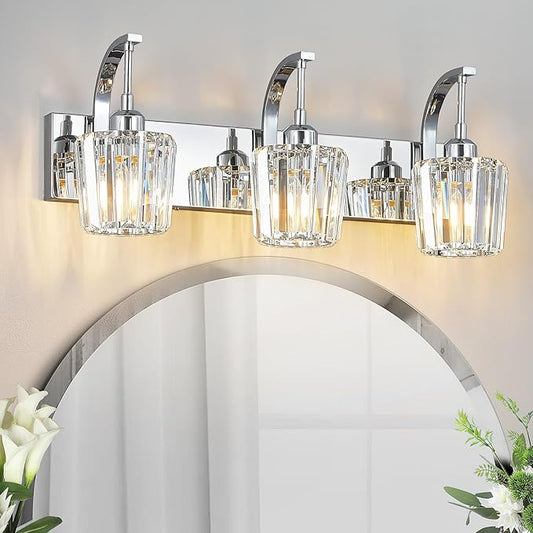 Modern Bathroom Vanity Light, 3-Light Chrome Wall Sconce with Crystal Accents, Over Mirror Bathroom Lighting Fixture, 23.62" Long Dimmable Vanity Lamp for Makeup, Easy Installation