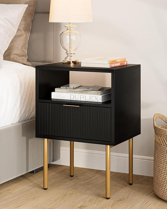 Masupu Nightstand,Mid-Century Modern Bedside Table with Storage Drawer and Open Wood Shelf,Small Gold Frame Side Table for Bedroom,Living Room,Black
