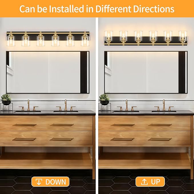 6 Light Modern Bathroom Light Fixtures Over Mirror, Black Gold Vanity Lights for Bathroom Wall Sconces with Clear Glass Shades, E26 Socket (Bulbs Not Included)