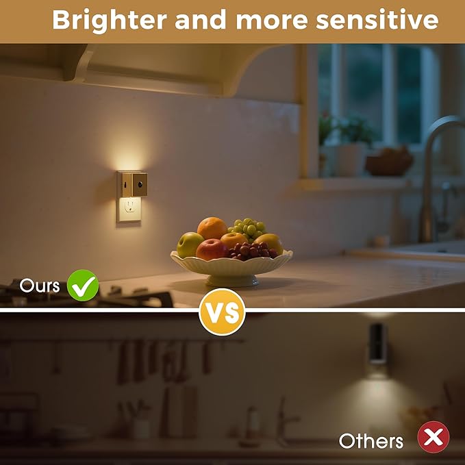 L LOHAS LED Night Light,Plug in Night Light with Motion Sensor and Dusk to Dawn Sensor, Brightness Adjustable,3000K Soft White, Gold Nightlight for Bathroom Hallway Kitchen