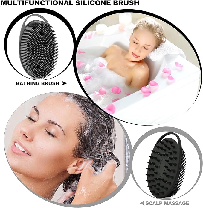 2 Pack Silicone Body Scrubber, Loofah Double-Sided Body Brush,Shower Scrubber and Scalp Massager Shampoo Brush for Sensitive Kids Women Men All Kinds of Skin (Black & Gray)
