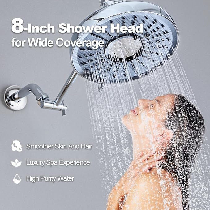 Filtered Shower Head High Pressure: 8-Inch Rain Showerhead with 18-Stage Filter for Hard Water Softener - Reduces Chlorine and Heavy Metals, Extension Rod Included (Polished Chrome）