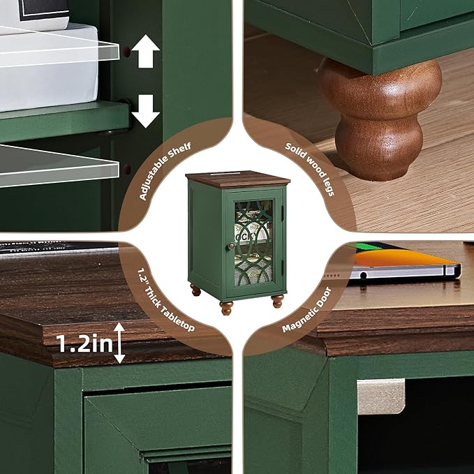 Narrow Side Table with Charging Station Set of 2, Night Stand with Glass Door,Bedside End Tables with Adjustable Shelf Storage Cabinet,Wood Nightstand for Small Spaces Living Room Bedroom