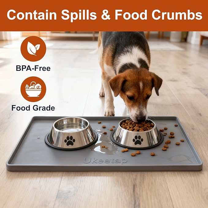19” x 12” Heavy Duty Waterproof Silicone Mat with Raised Edge, BPA Free Non-Slip Dog & Cat Food Mat, Feeding Mat for Food and Water Bowls, Spill Proof Mat to Protect Floors, Gray