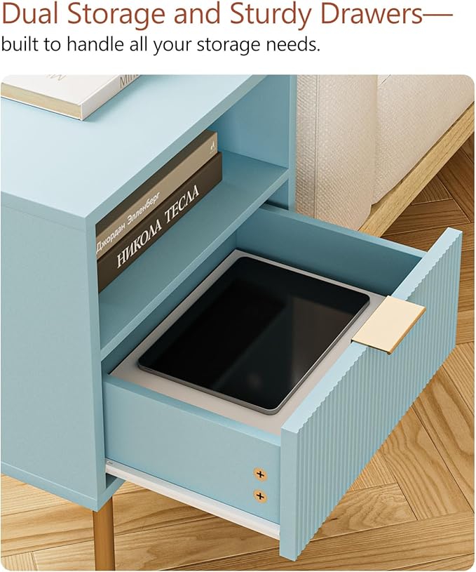 Masupu Night Stand,Mid-Century Modern Bedside Table with Storage Drawer and Open Wood Shelf,Small Gold Frame Side Table for Bedroom,Living Room, Blue