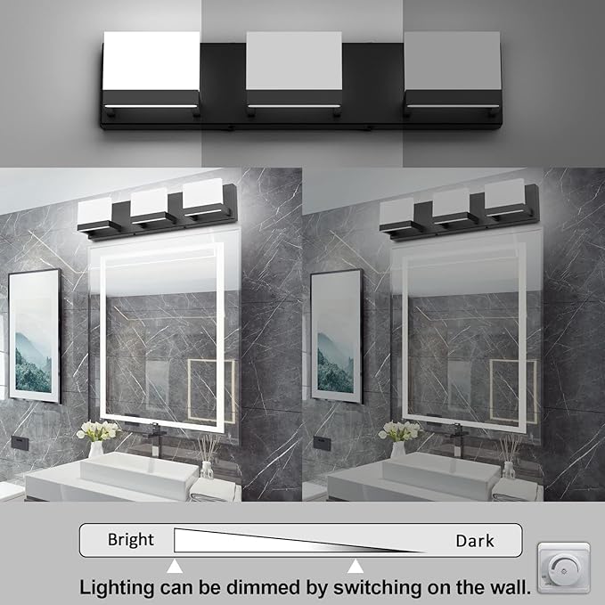 Tipace 3 Lights Black Dimmable LED Vanity Light for Bathroom Up and Down Black Modern Bathroom Wall Light Fixtures Over Mirror(White Light 6000K)