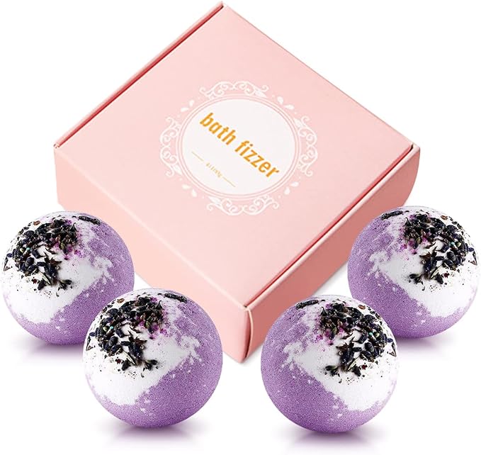 Dried Flower Bath Bombs Salt Balls,4-Pack Gift Set,Lavender Extract Essential Oils,Moisturizing Dry Skin,Fizzy Spa,Relaxation,Self Care,Relaxing,Bubble Bath Bomb Gifts Idea for Men Women