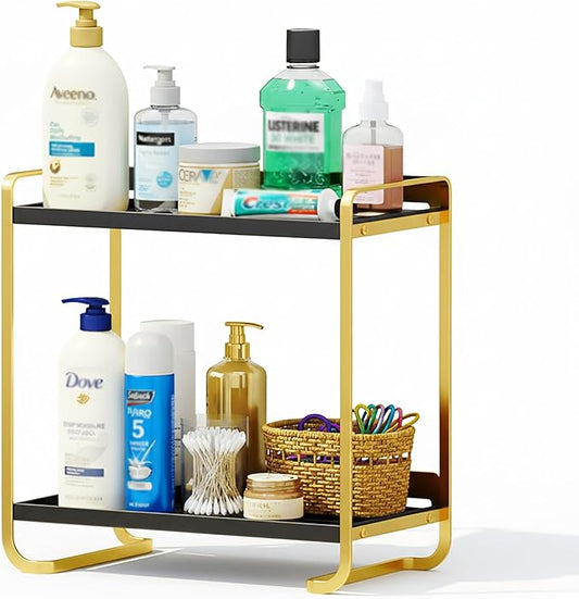 2-Tier Black and Gold Carbon Steel Bathroom Counter Organizer - Skincare Cosmetic Display Tray for Perfume, Makeup, Bathroom, and Vanity Storage - Modern Countertop Organizer and Vanity Decor
