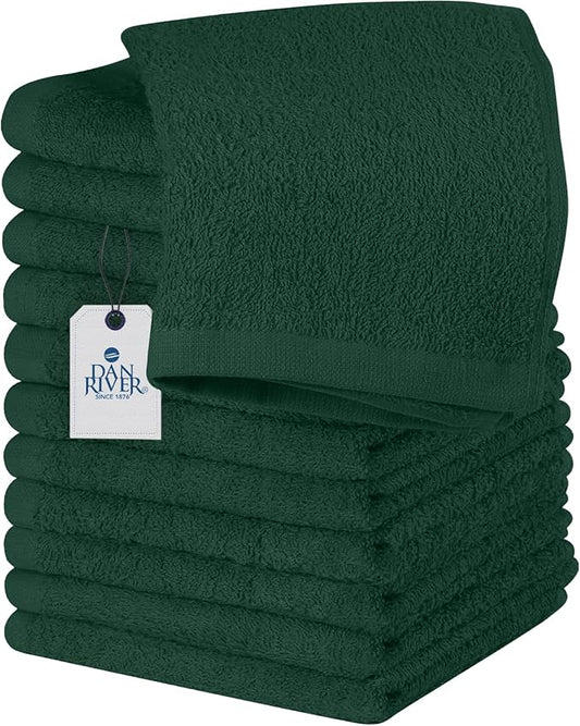 DAN RIVER 12 Pack Wash Cloths for Showering [12x12] - 100% Cotton Washcloths Premium Quality Flannel Face Cloths for Bathroom, Highly Absorbent and Soft Feel Wash Clothes, Hunter Green