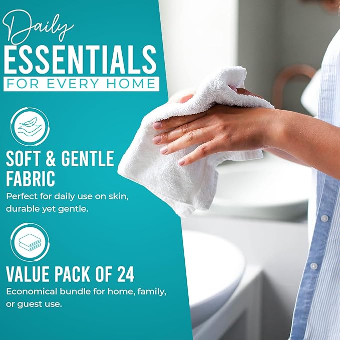 DAN RIVER 24 Pack Wash Cloths for Showering [12x12] - 100% Cotton Washcloths Premium Quality Flannel Face Cloths for Bathroom, Highly Absorbent and Soft Feel Wash Clothes, Aqua