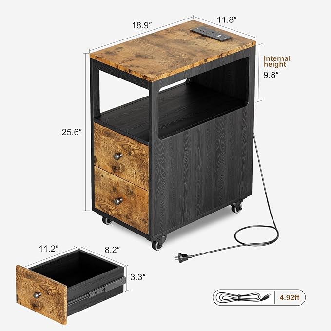Narrow End Table with Charging Station and Wheels, Movable Narrow End Table with USB Ports and Outlets for Small Space, Living Room, Bedroom and Office, with 4 Wheels ( Rustic Brown + Black)