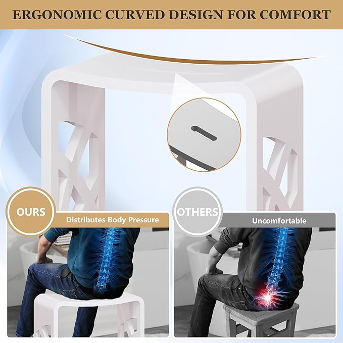 CASAINC Stone Resin Shower Stool for Inside Shower Modern Solid Surface Lattice Side Bathroom Stool Matte White Shower Bench, Approximately 440 lbs Capacity