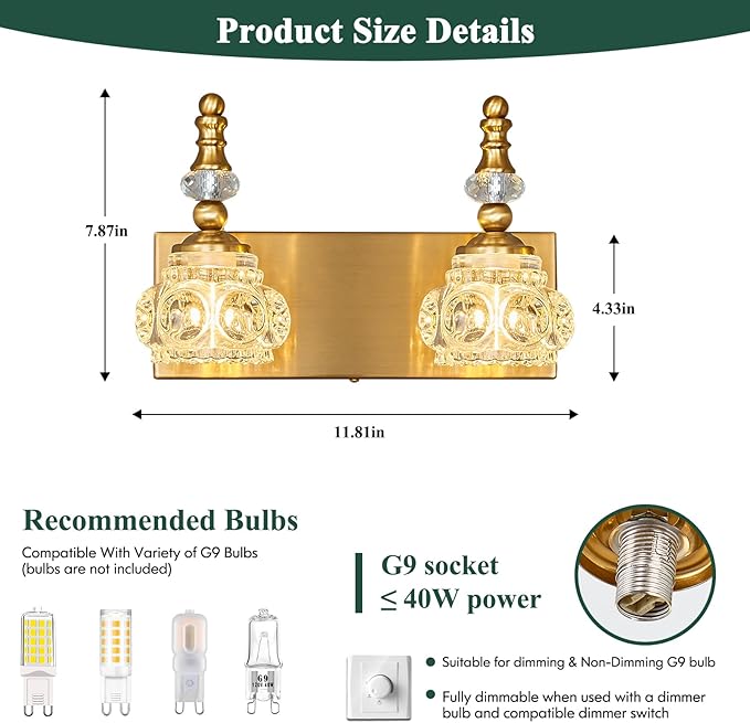 Modern Glass Crystal Vanity Light - Vintage Bathroom Lighting Fixtures Over Mirror, 2 Light Vanity Lights G9 Bulb (11.81 Inch, Gold)