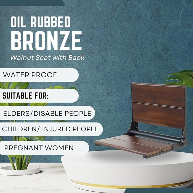 Folding Shower Seat Wall Mounted with Back | 500 lbs Maximum Load Capacity | ADA Compliant Safety Assist Teak Shower Seat for Seniors, Handicapped, and Children | 304 Stainless Steel Frame | 18” x 16”