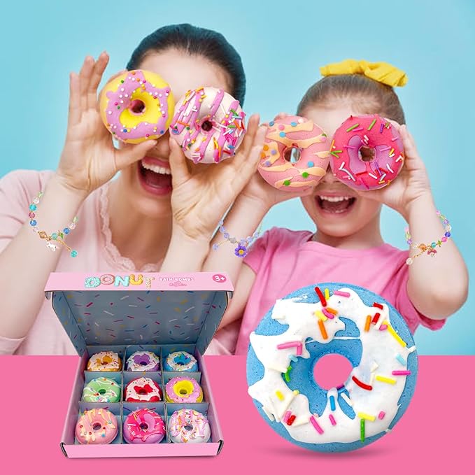 Donut Bath Bombs for Kids Girls, Natural and Safe Kids Bath Bombs with Bracelets Inside for Birthday, Calming and Long-Lasting Scent