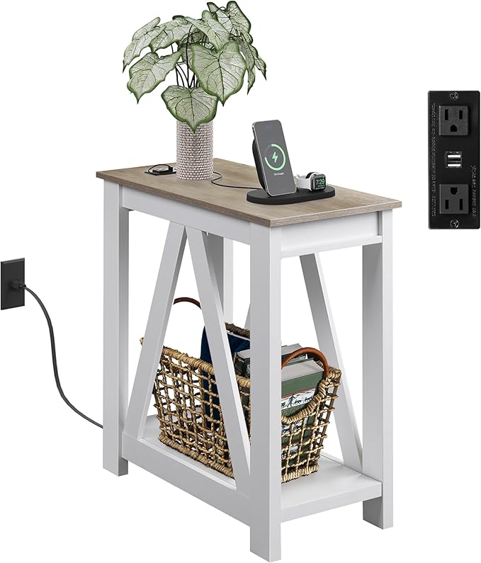 WLIVE Farmhouse End Table, Narrow Side Table with Charging Station, Slim End Table, Side Table for Bedroom, Living Room, Small Spaces, with 2 USB and 2 Power Outlets, 11.8" D x 23.6" W x 23.74" H