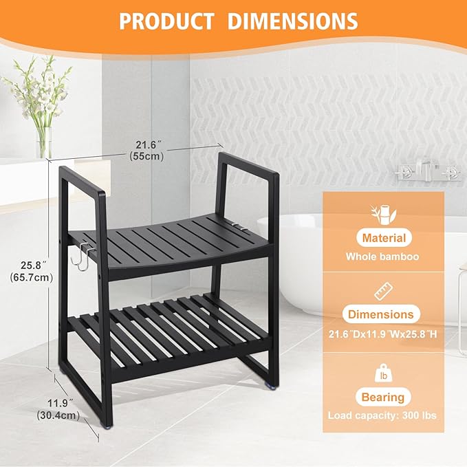 VVW 21.6 Inch Bamboo Shower Bench Seat Chair Stool with Arms for Inside Shower, Heavy Duty Spa Bath Chair with 2 Movable Hooks, Non-Slip Feet for Bathroom Accessories (Black)