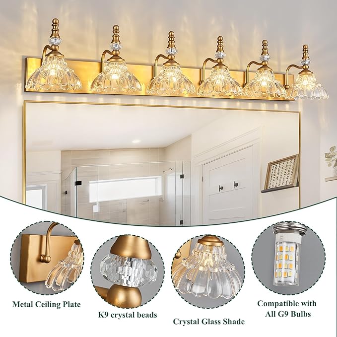 Vintage Bathroom Vanity Light, 6-Light Brass Vanity Lighting Fixture with Flower Glass Shade, Bathroom Lighting Fixtures Over Mirror