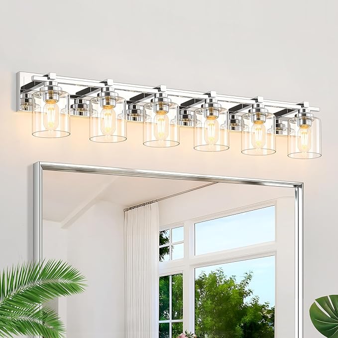 6 Light Modern Bathroom Light Fixtures Over Mirror, Chrome Vanity Lights for Bathroom Wall Sconces with Clear Glass Shades, E26 Socket (Bulbs Not Included)