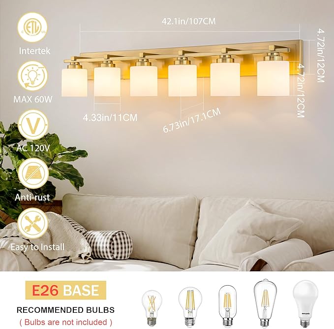 6 Light Modern Bathroom Light Fixtures Over Mirror, Brass Finish Vanity Lights for Bathroom Wall Sconces with Milky White Glass Shades, E26 Socket (Bulbs Not Included)