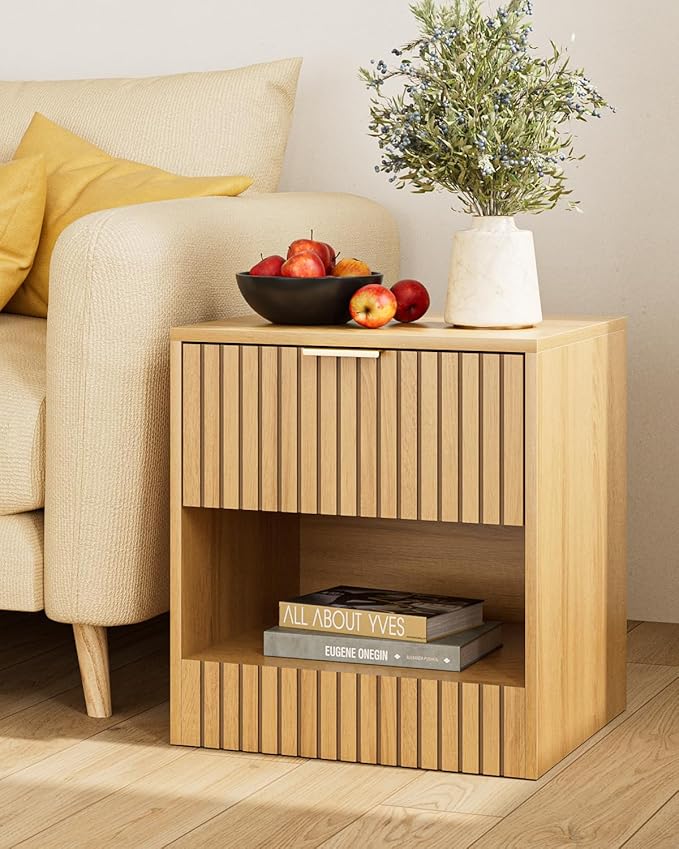 Nightstand, Modern Night Stand, Bedside Table with Drawer and Open Shelf, Cube Design, Side Table for Bedroom, Living Room, Oak