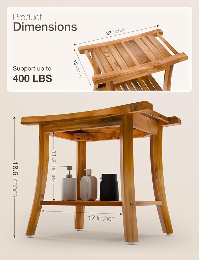 Tinamo 22" Teak L Shower Bench Seat for Inside Shower - 400Lbs Capacity - Wooden Shower Bench with Shelf - Bathroom Bench and Teak Shower Stool for Spa and Bath - Wood Bench for Relaxing Bath