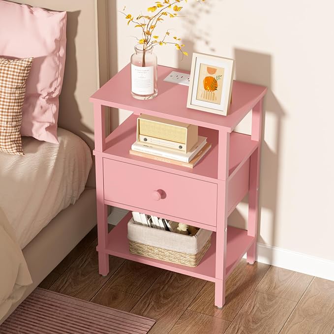 Lerliuo Nightstand with Charging Station and USB Ports, 3-Tier Storage Pink End Table with Drawer Shelf, Night Stand for Small Spaces, Wood Bedside Table for Living Room, Bedroom - ‌Light Pink