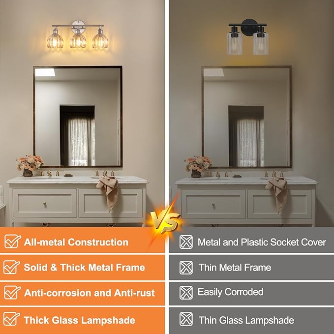 Bathroom Light Fixtures, 3-Light Vanity Wall Light Over Mirror with Amber Tulip Glass Shade for Bedroom Living Room (Bulb Not Included), Satin Nickel