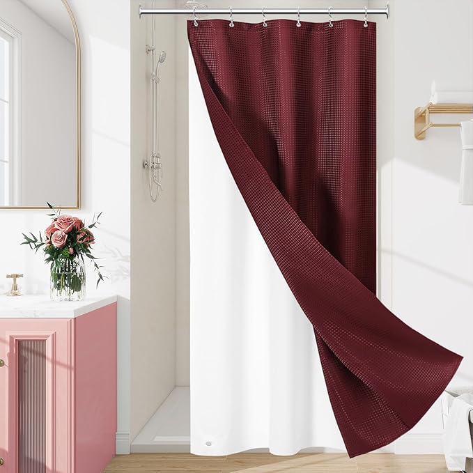 3 in 1 Stall Half Size Burgundy Shower Curtain Set-36 W x 72 H, Modern Waffle Waterproof Fabric and PEVA Liner Set with Stainless Steel Hooks