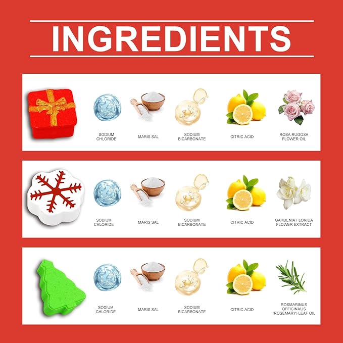 Christmas Bath Bombs Set - 6 Pack with Sea Salt & Long-Lasting Floral Fragrance, Rich Bubbles for Moisturizing & Deep Relaxation, Perfect Holiday Gift