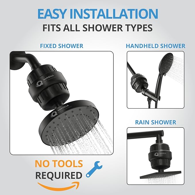 WeAQUA Heavy Duty NO BS Shower Filter – 99% Removal for Hard Water, Chlorine, Fluoride, Heavy Metals, Micro-life, Organics and More (Matte Black)