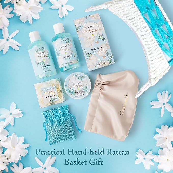Christmas Gifts for Women, Spa Gift Baskets for Ladies 8pcs Gardenia Tulip Bath Gift Sets with Body Lotion, Spa Gifts for Mother Luxury Spa Gift Basket for Women, Relaxing Spa Birthday Gifts