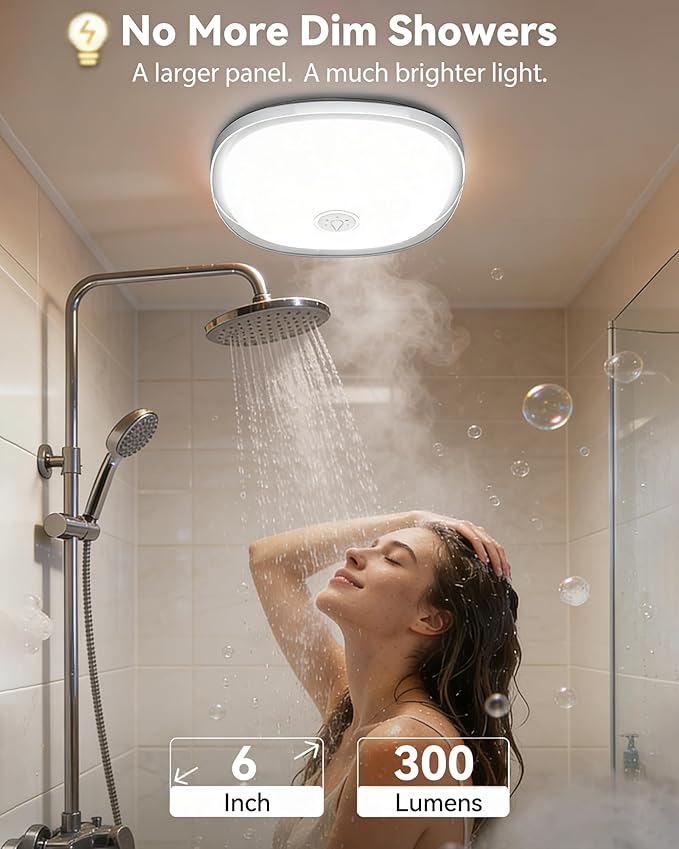 IP65 Waterproof Rechargeable Shower Light - 6″ 300LM Bright, 16 Colors Bathroom Mood Lighting with Touch & Remote, Magnetic Wireless Ceiling/Wall Light for Inside Shower/Bathtub