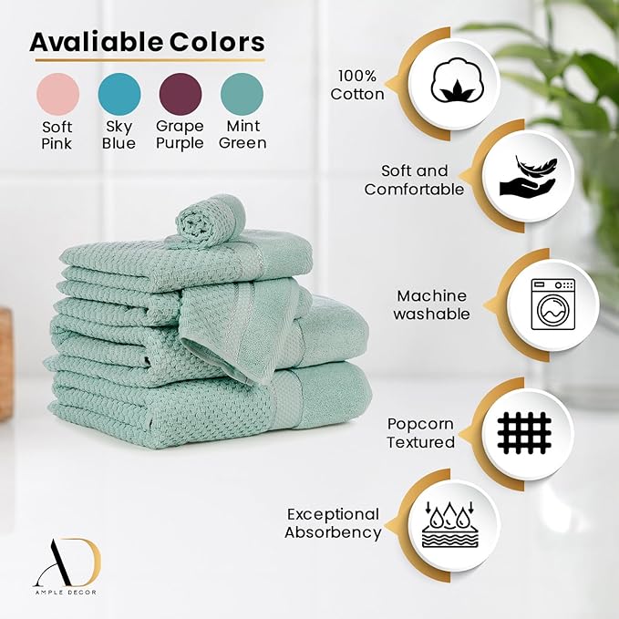 Ample Decor 100% Cotton Washcloths Set of 50 - Highly Absorbent, Popcorn Textured - Mulaayam Collection - Mint Green 12 X 12 Inch