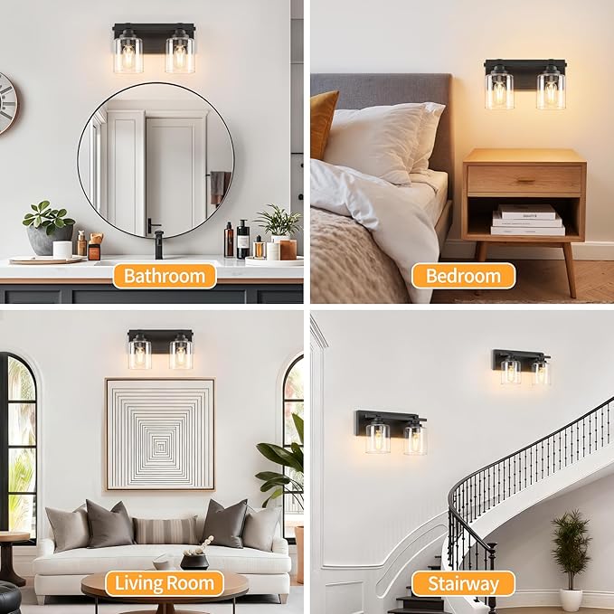 2 Light Modern Bathroom Light Fixtures Over Mirror, Black Vanity Lights for Bathroom Wall Sconces with Clear Glass Shades, E26 Socket (Bulbs Not Included)