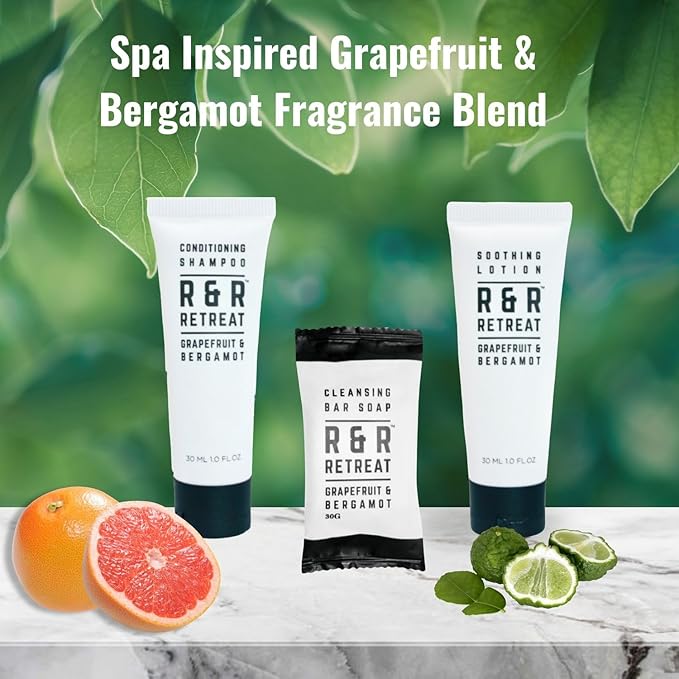 R&R Retreat Hotel Toiletry Sets - 30 Pre-Assembled 3-Piece Guest Amenities in Organza Bags - 2-in-1 Conditioning Shampoo, Body Lotion & Sachet-Wrapped Soap - Grapefruit & Bergamot Scent