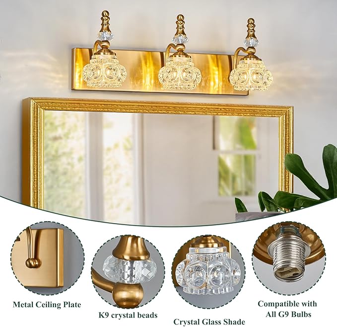 Modern Glass Crystal Vanity Light - Vintage Bathroom Lighting Fixtures Over Mirror, 3 Light Vanity Lights G9 Bulb (19.68 Inch, Gold)