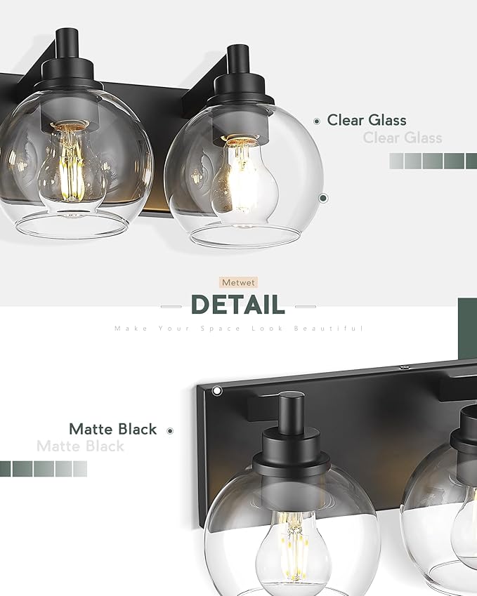 Bathroom Light Fixtures, 2 Light Matte Black Vanity Light, Modern Wall Sconces with Clear Glass Globe Shade, Bathroom Wall Lights Over Mirror Kitchen Bedroom Hallway, VL195-MB-2