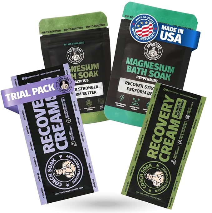 Coach Soak Magnesium Bath Flakes Mint & Lotion Trial Pack - Absorbing Magnesium Cream with Menthol - 0.18 lb (4 Pack) - Mixed Scents