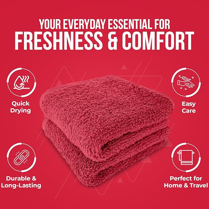 DAN RIVER 24 Pack Wash Cloths for Showering [12x12] - 100% Cotton Washcloths Premium Quality Flannel Face Cloths for Bathroom, Highly Absorbent and Soft Feel Wash Clothes, Red