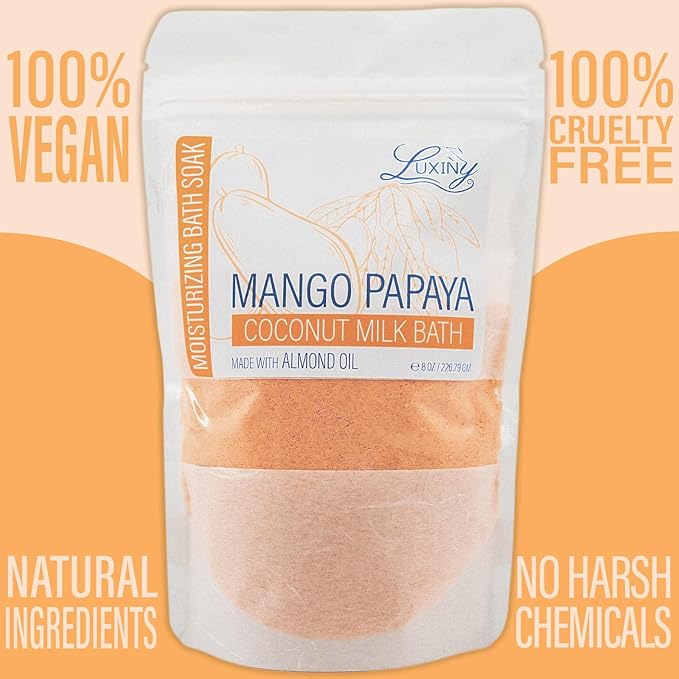 Luxiny Vegan Milk Bath Soak Made with Coconut Milk Powder & Sweet Almond Oil Which Creates A Bath Bomb Dust Soothing Fizz, 8oz (Mango Papaya)