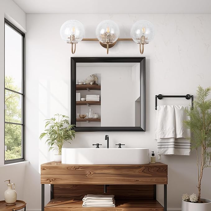 Gold Bathroom Light Fixture, Vanity Lights Over Mirror 3 Light Bathroom Vanity Light with Cracked Glass Globe Shade, Modern Wall Sconce Lighting for Bedroom, Kitchen Living Room Hallway Cabinet